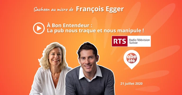 Photos de Sacheen Sierro et François Egger de la RTS, pour l'interview de Sacheen sur la publicité qui nous traque et nous manipule