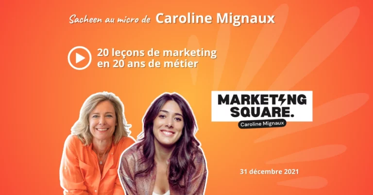 photos de Sacheen Sierro et Caroline Mignaux sur fond orange pour la couverture du podcast des 20 leçons de marketing acquises en 20 ans