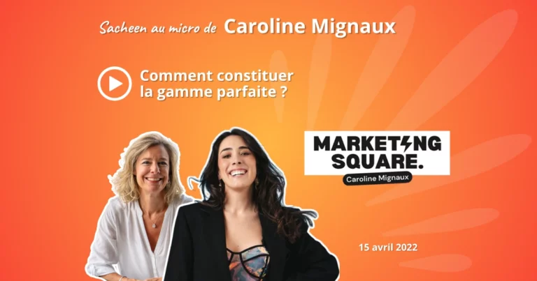 Photos de Sacheen Sierro et Caroline Mignaux sur fond orange pour la couverture du podcast sur la gamme produits et services marketing