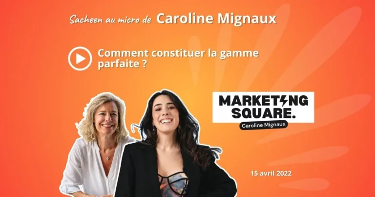 Photos de Sacheen Sierro et Caroline Mignaux sur fond orange pour la couverture du podcast sur la gamme produits et services marketing